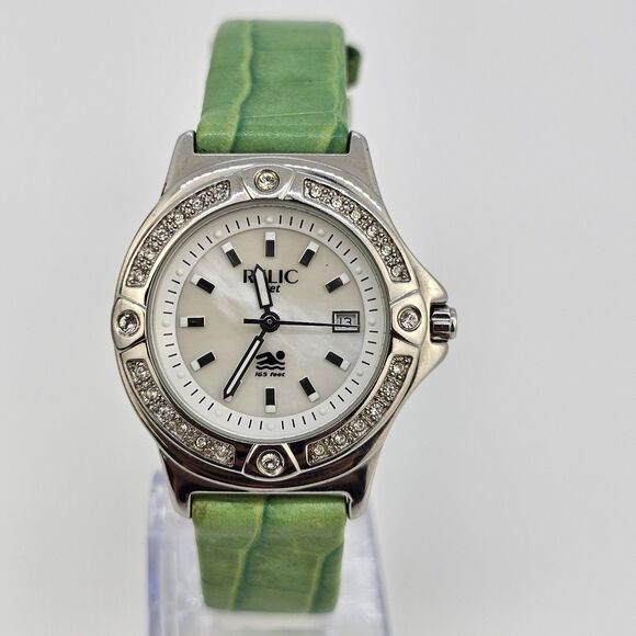 Relic Women's Watch 32MM MOP Gray Dial Date Green Leather Bands New Battery - Picture 1 of 14